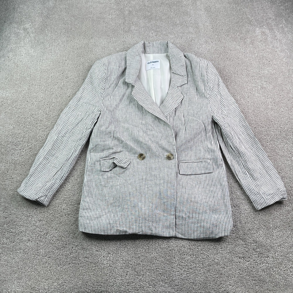 Old Navy Blazer Womens XS White Grey Striped Linen Double Breasted Jacket